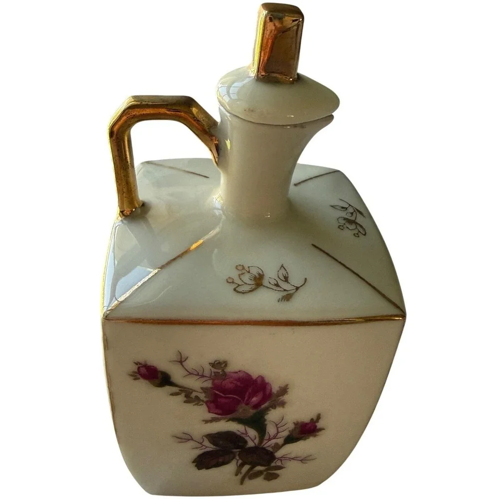 Vintage Porcelain Vanity Bottle Gold Handle Stopper Japan Floral Grandmillennial